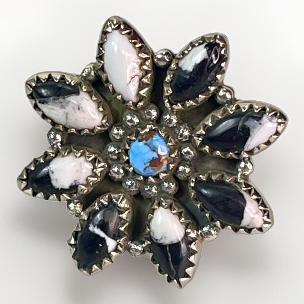 White Buffalo Kingman Turquoise Full Cluster Statement Ring Sterling Silver Adj